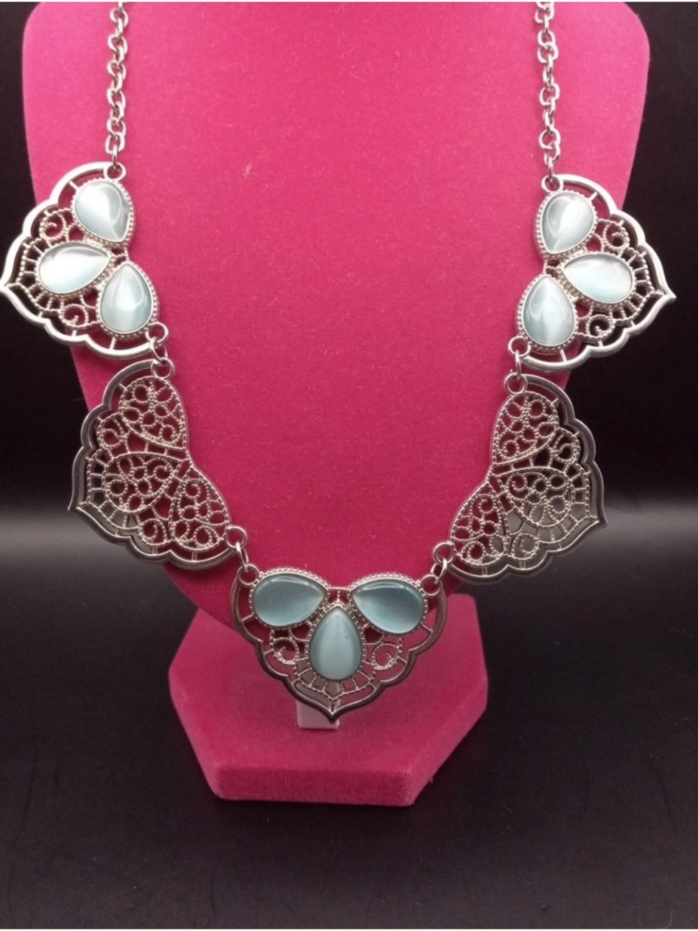 paparazzi Silver Filigree Necklace with Pale Aqua Accents